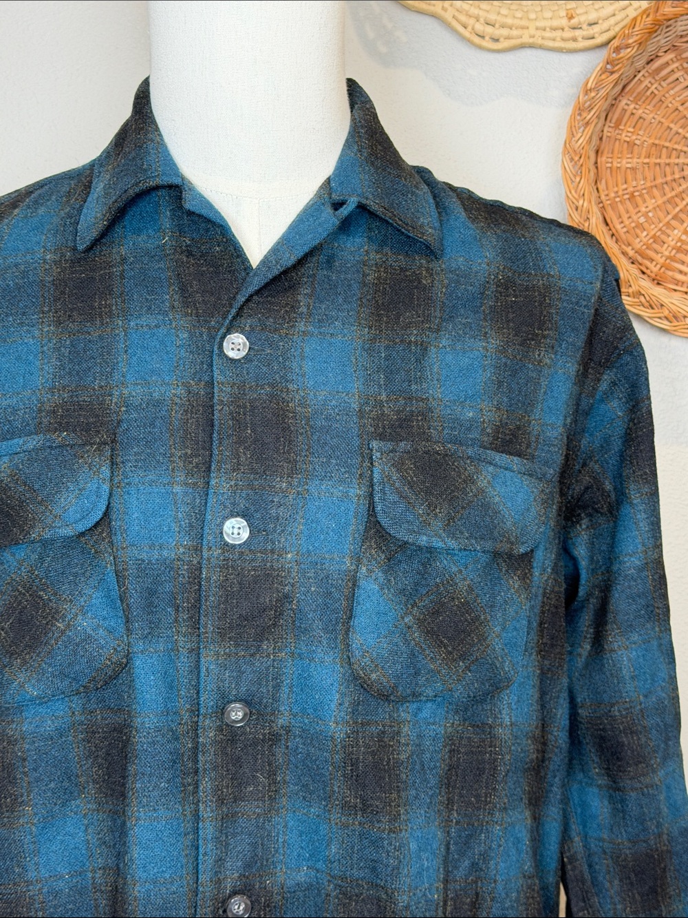 Penney's Towncraft Shadow Plaid Wool Button Up Shirt Loop Collar Vintage Medium